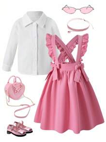 Young Girl' Casual Elegant Light Pink Ruffle Pinafore Dress Set,Collared Shirt,Autumn Career Day Back-To-School,Waist Tied With 2 Bows Shirt Dress - Pink - View 2