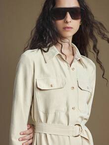 Ontre 2025 Modern Urban Style, Cream Yellow, Soft & Comfortable Fabric, Utility Pockets, Cinched Waist Fitted Design, Front Opening, Women's Shacket, Lapel Collar, Business Casual, Office Commute, Daily Wear, Autumn/Winter