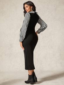 SHEIN Elegant Commuter Houndstooth Print Patchwork Fitted Maternity Dress - Black and White - View 3