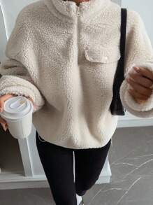 Livesso Áo nỉ nữ cổ cao, gấu kéo khóa nửa mùa thu, quần áo nữ mùa thu - Màu be - Xem 3