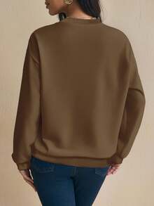 Glamance BiGraphic 女士字母与骷髅印花圆领落肩长袖休闲运动衫棕色长袖秋季运动衫棕色运动衫女士骷髅印花运动衫豹纹运动衫 - 咖啡棕 - 查看 2