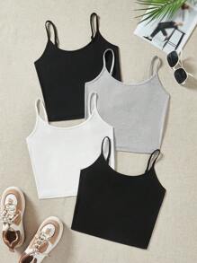4 pièces Débardeur court ajusté de sport minimaliste de couleur unie pour jeunes filles, Noir/Blanc/Gris - Multicolore - Voir 3