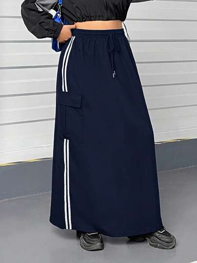SHEIN EZwear 大码女式抽绳腰侧条纹工装口袋休闲长裙