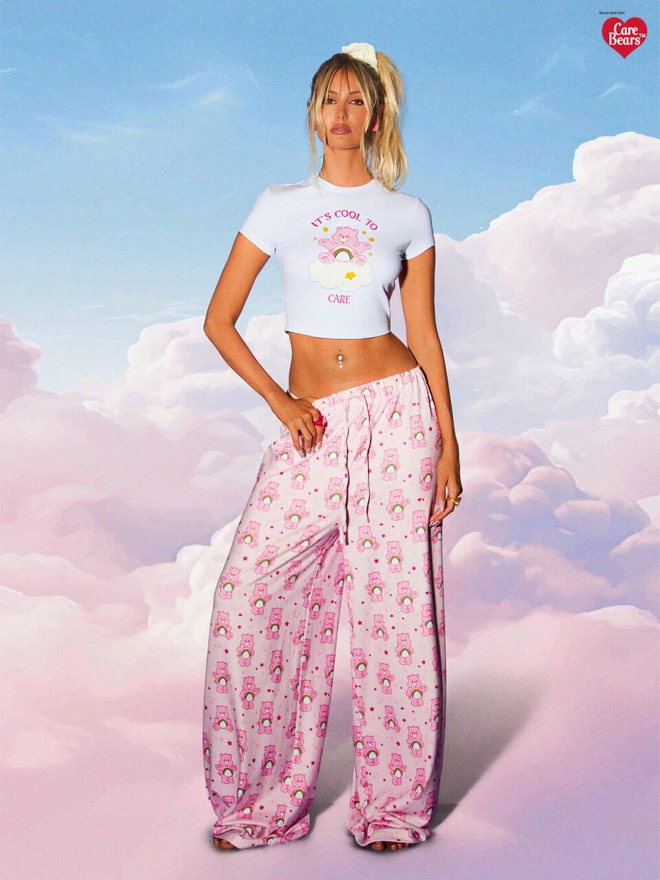 MISSGUIDED x Carebears Baby Tee And Wide Leg Pants With Rainbow Pattern