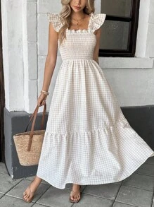 Breezaya 夏季假日长款格纹连衣裙，带荷叶边下摆，超长款女装 - 卡其色 - 查看 4