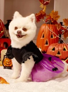 1 件猫狗通用卡通骷髅印花蝙蝠装饰万圣节紫色网眼拼布盖袖可爱宠物连衣裙，适合万圣节派对，PETSIN 原创设计 - 彩色 - 查看 3