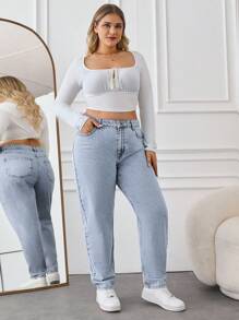 SHEIN Cottnline 100% Baumwolle Plus hohe Taille Mom Fit Jeans - Helle Waschung - Übersicht 3