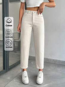 EURMUSE High Waist Basic Mom Fit Jeans - Beige - View 1