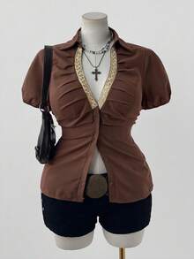 Sunspun Minimalist V-Neck Ruffle Trim Fitted Solid Color Blouse - Brown - View 1