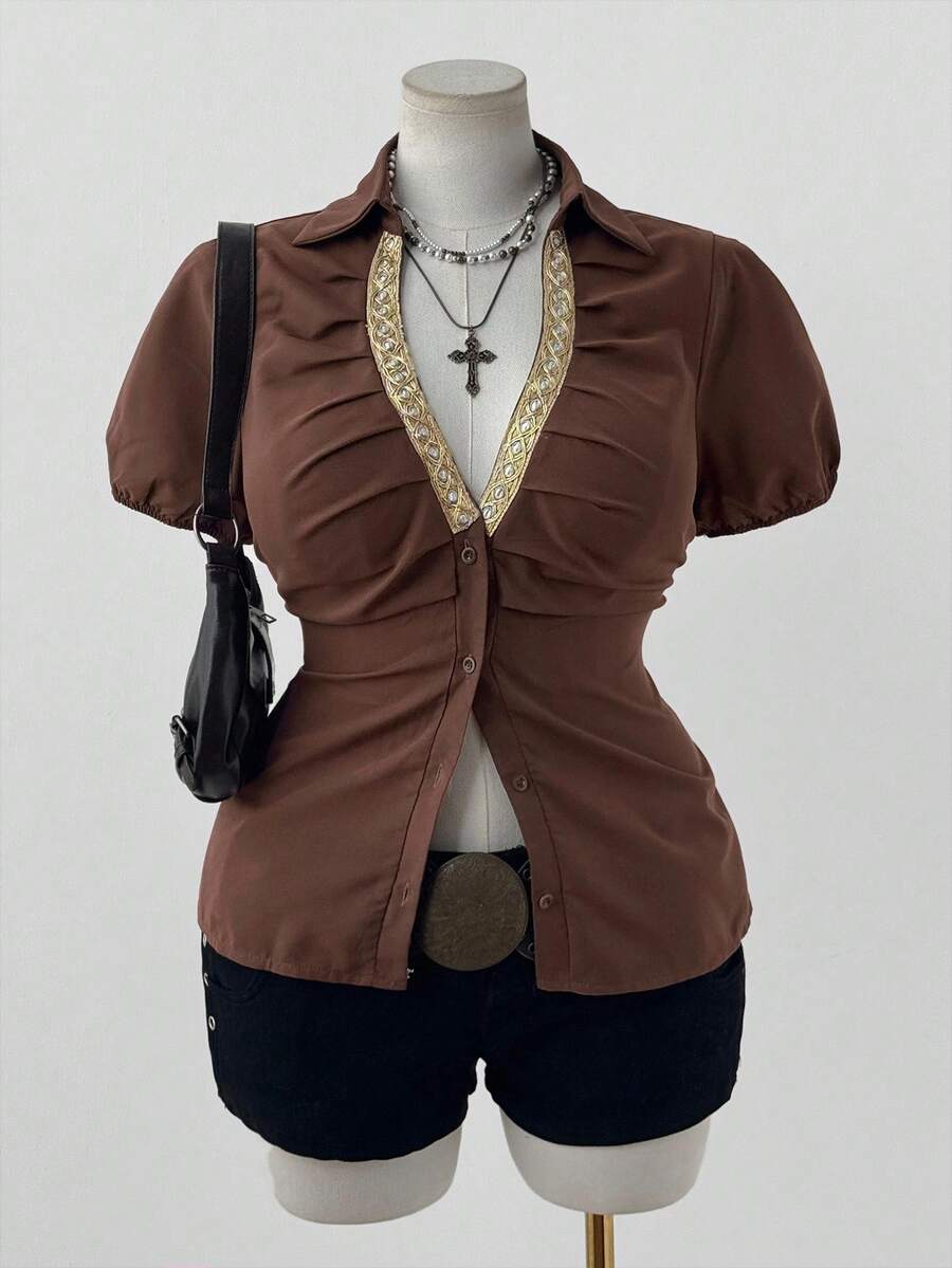 Sunspun Minimalist V-Neck Ruffle Trim Fitted Solid Color Blouse - Brown - View 1