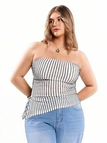 Solavibe Plus Size Women's Striped Print Crop Bandeau Top With Slit Hem, For Summer - View 3