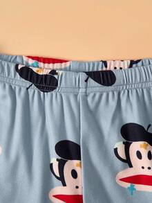 Paul Frank X SHEIN 青少年男孩卡通猴子印花圆领短袖上衣和松紧腰针织柔软弹力裤睡衣套装 - 淺灰色 - 查看 6