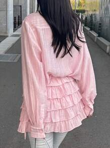 FRIFUL 2pcs Women Solid Color Sweet Casual Back To School Outfit, Layered Shirt And Skirt Set, Autumn