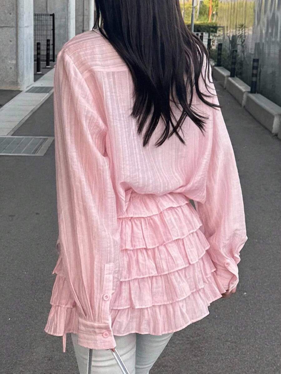 FRIFUL 2pcs Women Solid Color Sweet Casual Back To School Outfit, Layered Shirt And Skirt Set, Autumn