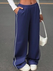 SHEIN Teen Girls Navy Blue Side Striped Drawstring Waist Long Pants,Back To School,Fall,Y2k,Halloween,Glowmode,Autumn,Holiday - Navy Blue - View 1