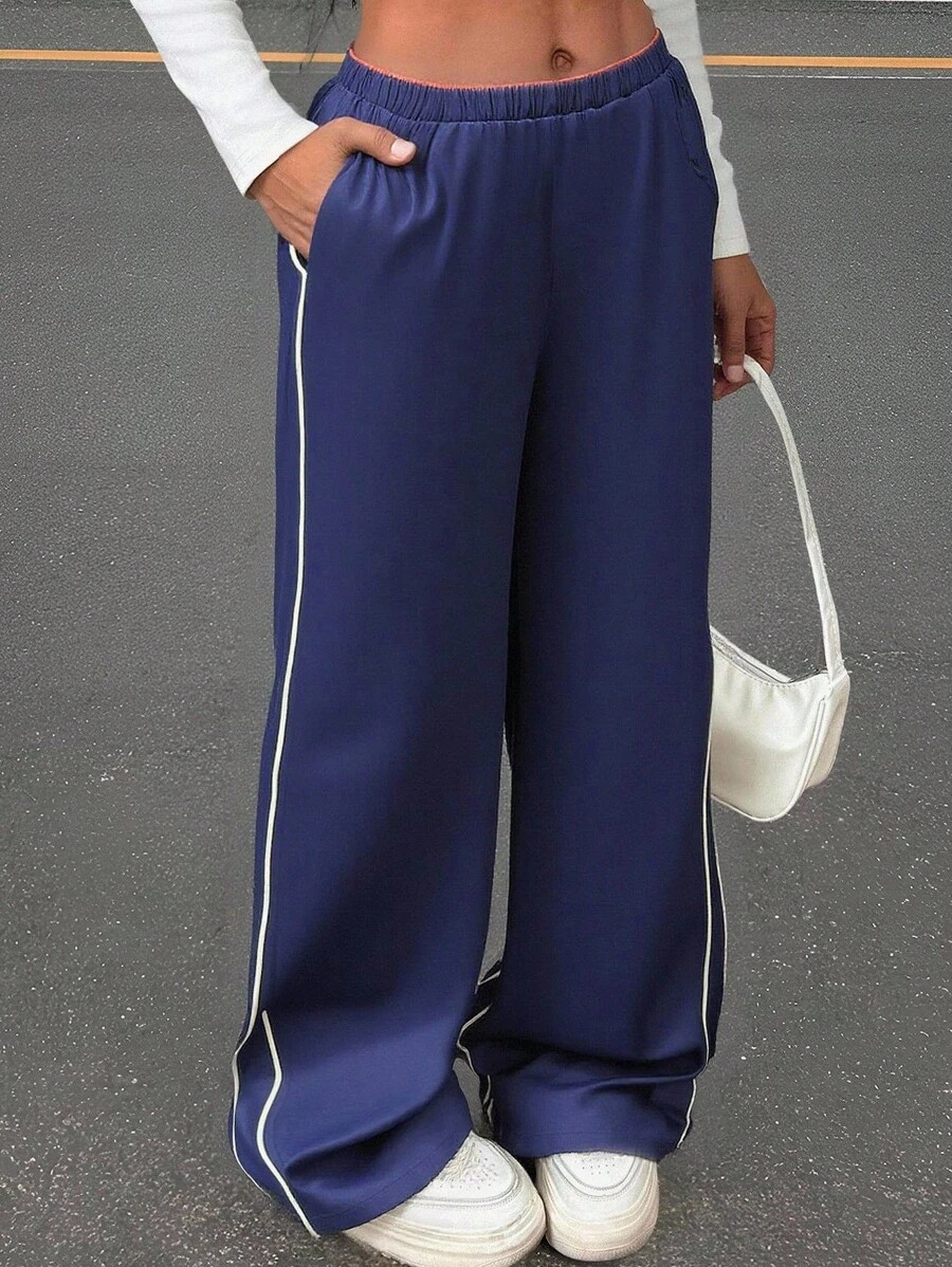 SHEIN Teen Girls Navy Blue Side Striped Drawstring Waist Long Pants,Back To School,Fall,Y2k,Halloween,Glowmode,Autumn,Holiday - Navy Blue - View 1