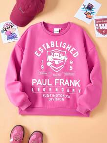 Paul Frank X SHEIN Tween Girl Retro Minimalist Cartoon & Letter Graphic Crew Neck Loose Casual Knit Pink Sweatshirt - Pink - View 3