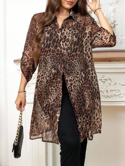 Reflora Curvy Plus Size Women's Leopard Print Chiffon Long Sleeve Maxi Shirt, Elegant Casual Leopard Print Long Sleeve Cold Shoulder Semi, Sheer Blouse Suitable For Office Commute Teacher For Women Office For Women Teacher Airport For Women Winter Clothes Plus Size Women Clothes Going Out Autumn Clothes Long Sleeve Shirts Shirts For Women Blouses