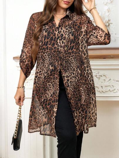 Reflora Curvy Plus Size Women's Leopard Print Chiffon Long Sleeve Maxi Shirt, Elegant Casual Leopard Print Long Sleeve Cold Shoulder Semi, Sheer Blouse Suitable For Office Commute Teacher For Women Office For Women Teacher Airport For Women Winter Clothes Plus Size Women Clothes Going Out Autumn Clothes Long Sleeve Shirts Shirts For Women Blouses