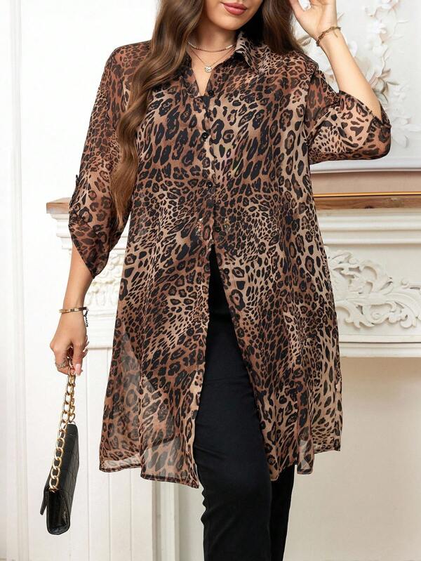 Reflora Curvy Plus Size Women's Leopard Print Chiffon Long Sleeve Maxi Shirt, Elegant Casual Leopard Print Long Sleeve Cold Shoulder Semi, Sheer Blouse Suitable For Office Commute Teacher For Women Office For Women Teacher Airport For Women Winter Clothes Plus Size Women Clothes Going Out Autumn Clothes Long Sleeve Shirts Shirts For Women Blouses