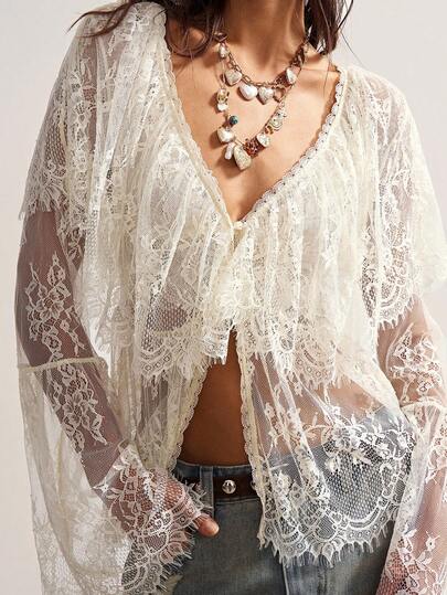 Bohemela 女式休闲纯色针织蕾丝 V 领喇叭长袖荷叶边下摆衬衫