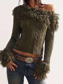 Bohemela Áo len dài tay hở vai họa tiết cáp màu trơn chắp vá thời trang cho nữ vào mùa thu/đông - màu xanh lá - Xem 6