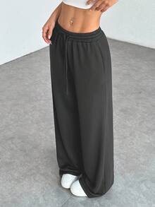 SHEIN PETITE Quần nỉ ống rộng dệt kim màu trơn thoải mái và giản dị dành cho nữ - Màu xám đen - Xem 5