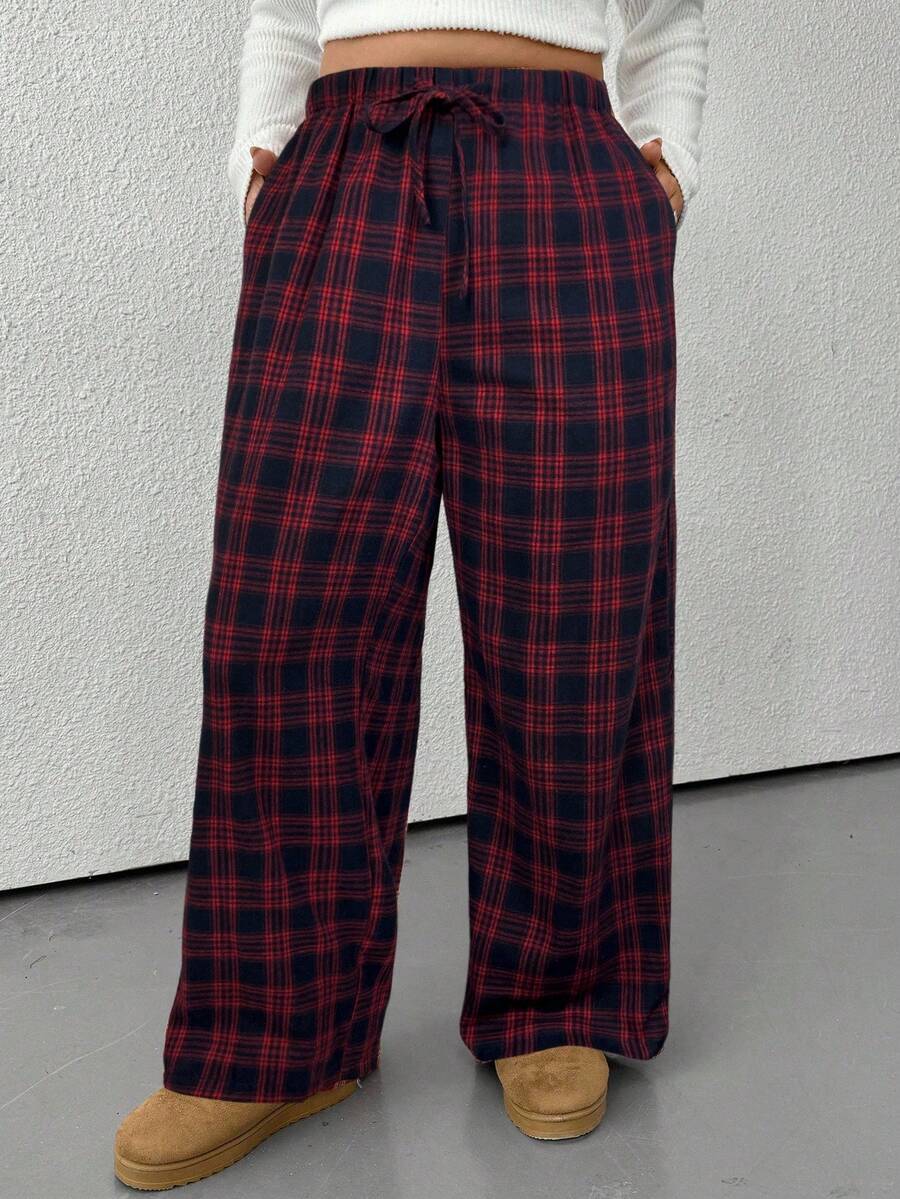 SHEIN EZwear 秋冬大码休闲格子裤 - 黑色 - 查看 1