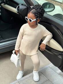 Set de 2 piezas Camiseta de punto acanalado de hombros caídos de unicolor y leggings pitillo de tela texturizada a juego para niña (se venden 2 sets por separado), ropa de niña para otoño/invierno
