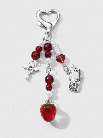 Kawaii 1pc Elegant, Chic, Versatile, Minimalist High-End Faux Pearl, Red Imitation Crystal, Round Bead Resin Strawberry Mini Phone Wing Keychain, Suitable For Women, Daily Wear, Holiday Gift