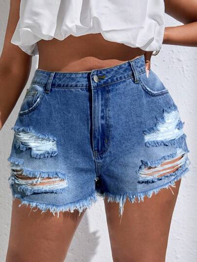 SHEIN SXY 大码女式口袋破洞下摆休闲百搭牛仔短裤