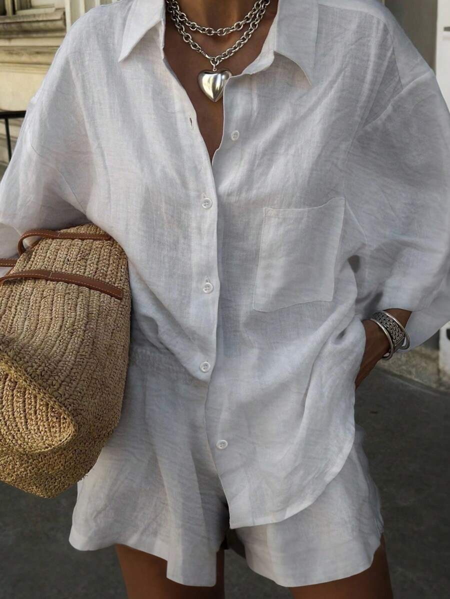 INAWLY Plus Size Solid Color Shirt Collar Mid-Length Sleeve Pocket Front Button Up Casual Top And Shorts 2pcs Set - White - View 1