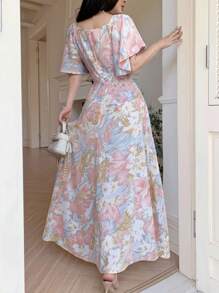 Modelyn 女式花卉印花褶饰前片荷叶边袖腰 A 字形连衣裙