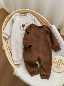 2件套新生儿卡通印花圆领长袖连体衣，摩卡色图案，男女宝宝通用连体衣，中性婴儿服装，男女宝宝小熊连体衣，秋冬季 - 彩色 - 查看 3