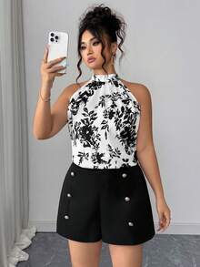 SHEIN PETITE 2件套加大码女式花卉印花褶饰露背上衣和短裤套装 - 彩色 - 查看 5