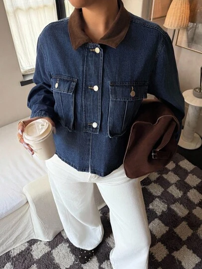 Dripcurv Plus Size Women's Color Block Lapel Long Sleeve Single-Breasted Utility Pocket Casual Denim Jacket,Washed Bleached Denim Panelled Jacket Jacket Only Fall Autumn Old Money Cute Country Cottage Core Back To School Casual For Women Butterscotch,,Travel, Commuting, Party, Vacation, Old Money Style, Shopping, Banquet, Elegant, Party, Date,Winter,Fall ,Autumn,Halloween,Christmas ,New Year,Thanksgiving, Party