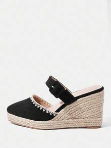 Styleloop Giày vải tối giản cho nữ có quai đeo mắt cá chân, dây chun, khóa kéo phía sau, mũi tròn giả da, khóa kim loại rỗng, dép xăng đan đế xuồng dệt dày màu đen, đi nghỉ - màu đen - Xem 2