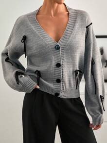 EURMUSE 女士灰色简约日常领结领结开衫 - 灰色 - 查看 2