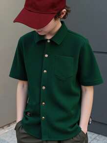 SHEIN Tween Boy Casual Comfortable Stand Collar Solid Short Sleeve Shirt With Patch - Dark Green - View 6