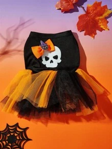 1 件猫狗通用卡通印花蝴蝶结装饰万圣节橙色网眼拼布可爱宠物连衣裙，适合万圣节派对，PETSIN 原创设计