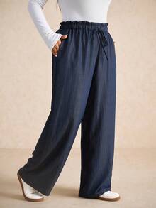 Elaquor Pantalones casuales de moda para mujer de talla grande, adecuados para vacaciones - Azul Marino - Ver 3