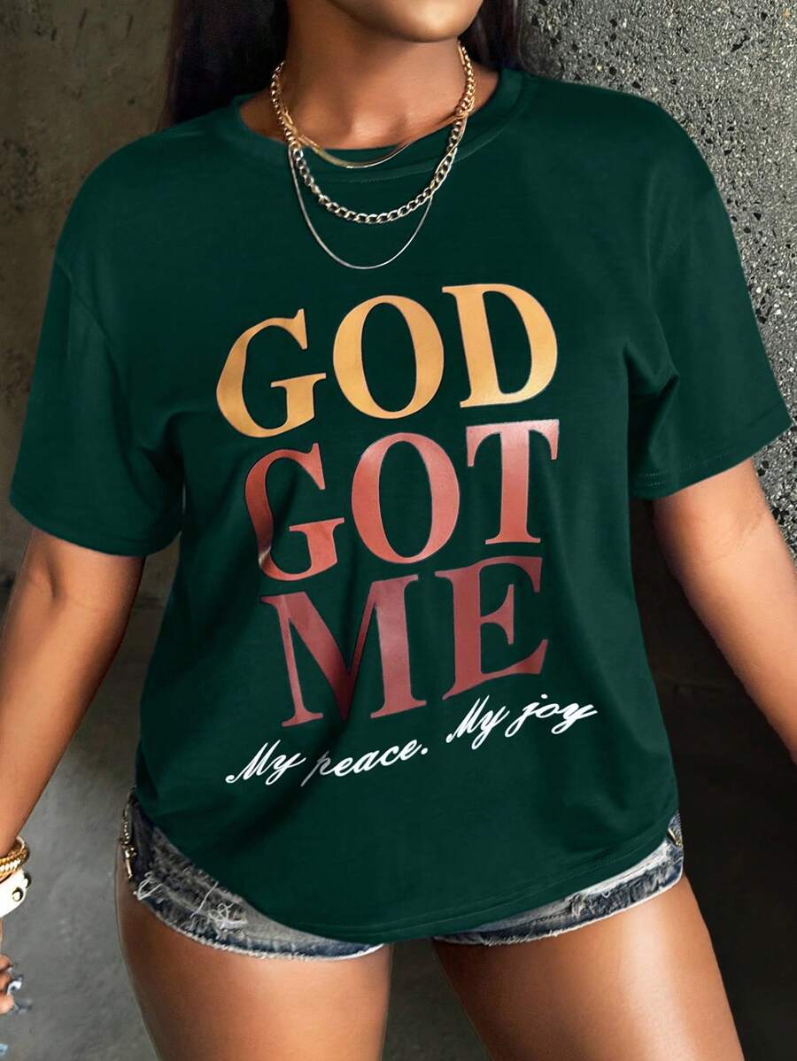 Rovax Áo thun tay ngắn cổ tròn in khẩu hiệu Chúa đã ban cho tôi sự bình an của tôi niềm vui của tôi Áo thun họa tiết dành cho nữ - Màu xanh lá cây đậm - Xem 1