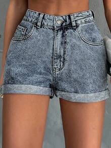 EURMUSE Mini Medium Wash Short Fold Up Detail With Back Label - Medium Wash - View 5