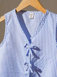 SHEIN 2pcs Tween GirlsSleeveless Woven Striped Camisole With Bowknot Accent & Elastic Waist Loose Casual Shorts Set, Summer Summer Holiday - Blue and White - View 8