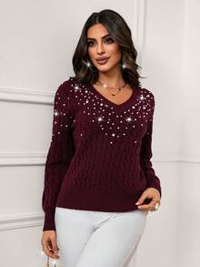 Xyvia Elegant Sexy Beaded V-Neck Long Sleeve Knit Sweater, Autumn/Winter Fall Cloth For Women
