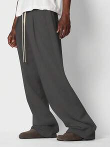 SUMWON Wide Leg Sweatpants With Pleated Front Extra Volume Drawstring Waist Loose Fit Casual Lounge Jogger Fall Winter Comfort Wear Plain - Dark Grey - View 2