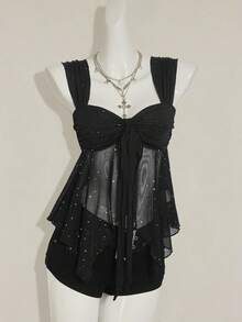 SHEIN ICON Shiny Fabric Asymmetrical Mesh Hem Women's Camisole Black Sparkly Top,Black Tops