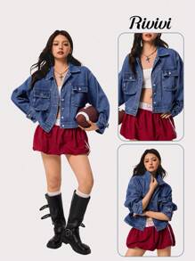 Rivivi Women's Fashion Casual Button-Up Long Sleeve Denim Jacket - Blue - View 2