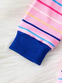 Paul Frank X SHEIN 2 件套少女条纹印花圆领长袖上衣和裤子休闲舒适睡衣套装 - 粉色 - 查看 5