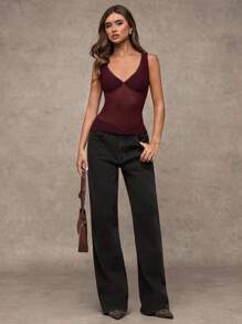 SHEIN BAE Summer Sexy Floral Print Leopard Retro Pattern Lace Women's Slim Fit Long Tank Dress - Burgundy - View 5